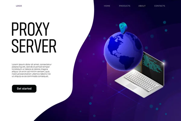 Proxy szerver illusztráció koncepció. VPN proxy szerver honlap kezdőlap koncepció 3d föld — Stock Vector