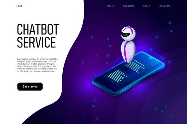 Chatbot serwis lądowania strony tempalte z lewitującym robotem. Koncepcja przyszłego chatbota — Wektor stockowy