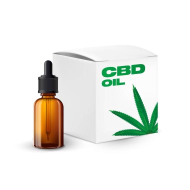CBD yağı temalı illüstrasyon, tıbbi kenevirle yapılmış şişe maketi. cbd yağı
