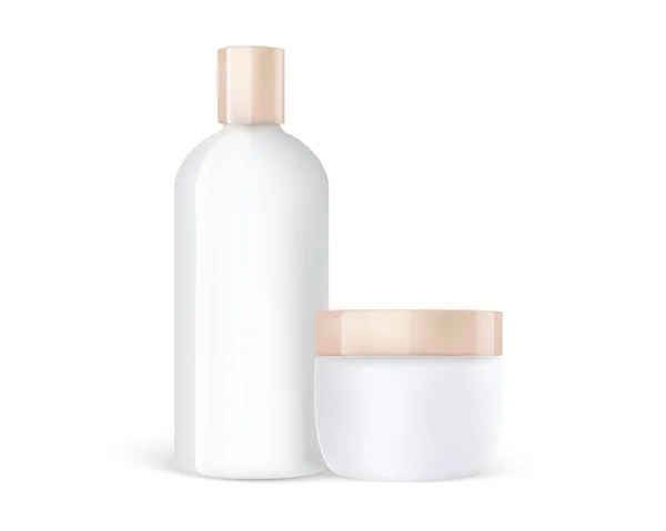 Cosmetische verzorging crème pot en shampoo plastic fles mockup met gouden doppen. 3d gedetailleerde cosmetische modellen. Rechtenvrije Stockvectors