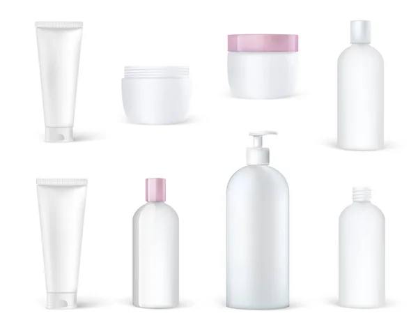 Realistische cosmetische verpakking mockup. Badzeep, schuim, shampoo, huidverzorgingspot. Cosmetische plastic containers en dozen, realistische hoge gedetailleerde. Stockvector