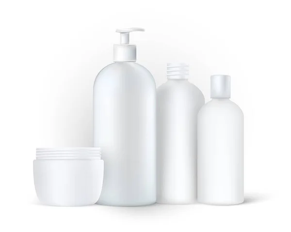 Moisturizer, room, soepen, schuim, shampoo mockups. Realistische plastic cosmetische flessen mockups. Huidverzorgingscrème pot zonder deksel. Stockvector