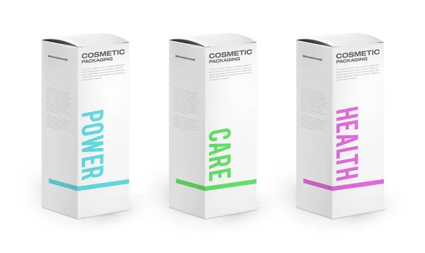 Cosmetische verpakkingsdozen met verschillende producten. Realistische 3d papieren dozen met kleurrijke verpakking typografie. Vectorbeelden