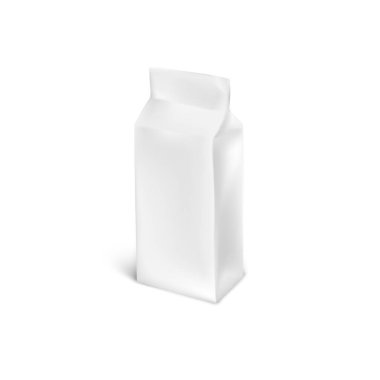 Gerçekçi izometrik 3D kahve paketleme modeli. Kağıt kahve poşeti beyaz arkaplanda izole edilmiş..