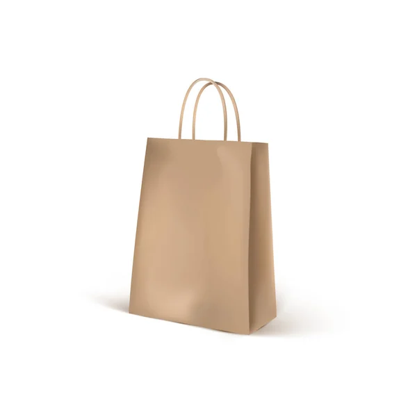 Marrón artesanal eco bolsa de compras maqueta. Realista 3d compras embalaje en blanco aislado sobre fondo blanco. Plantilla de embalaje bolsa marrón. — Vector de stock