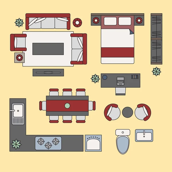 Elementos planos, vista superior interior plana — Vector de stock