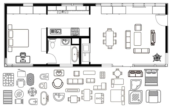 Piano architettonico con mobili in vista dall'alto — Vettoriale Stock