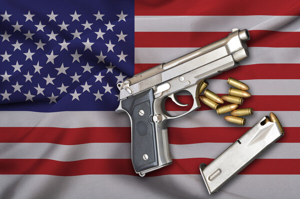 USA Gun Laws flag with pistol gun and bullet
