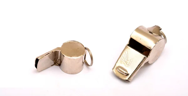 Sports Metal chrome whistle isolated on white — Stock Photo, Image