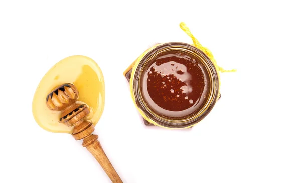 Table Top View Natural Honey Jar Dipper White Background — Stock Photo, Image