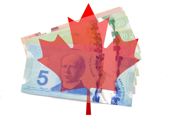 Hoja de arce canadiense con dólares sobre fondo blanco — Foto de Stock