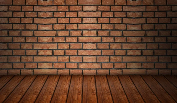 Piso de madeira com fundo de parede de tijolo — Fotografia de Stock
