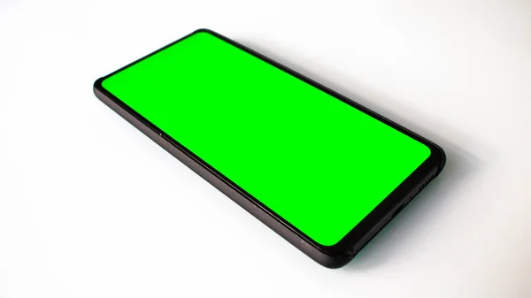 Mobile Phone Green Screen White Background — Stock Photo, Image