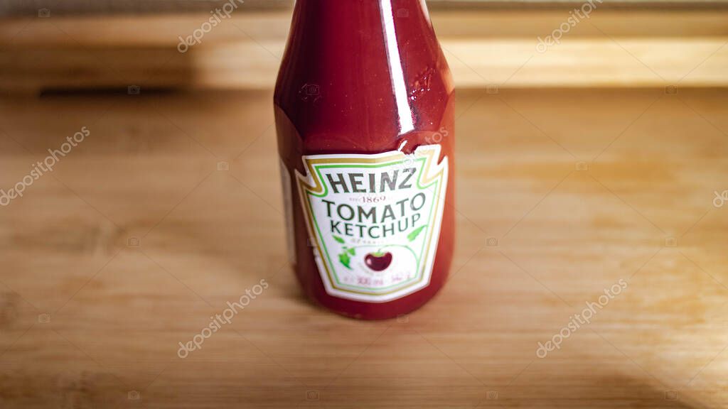 Etimesgut, Ankara, Turkey - 24.10.2020: Closeup of Heinz Ketchup on wooden background