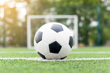 Futbol sahasının ortasında top.