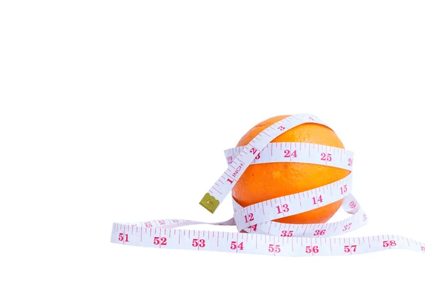 Measuring tape and oranges  on white background. Stock Picture