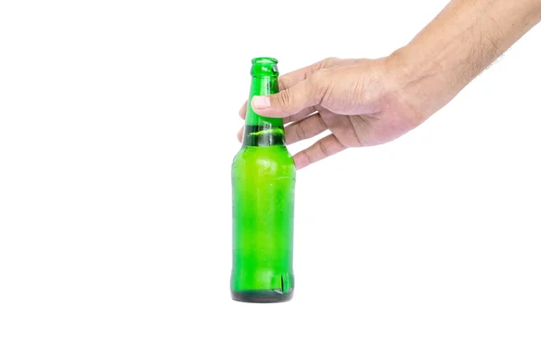 Ręka trzyma szklane butelki do piwa. — Zdjęcie stockowe