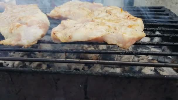 在木炭上烤猪肉 — 图库视频影像