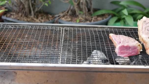 将烤牛肉倒入铁架上的炭烤架上 使其两面均匀烹调 — 图库视频影像