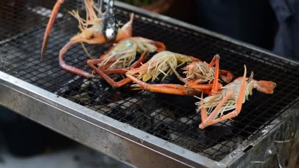 把河虾翻过来 放在铁架上烤 烤在炭炉上 这样两边的虾都能做得均匀 — 图库视频影像