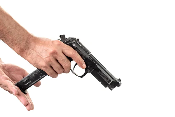 Close Man Hand Holding Loaded Magazine Gun Isolated White Background — Stock Photo, Image