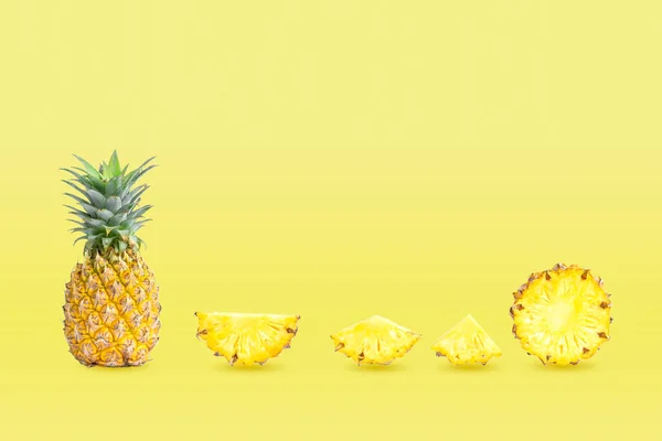 Collection Group Pineapples Sliced Isolated Yellow Pastel Colors Background — Stock Photo, Image