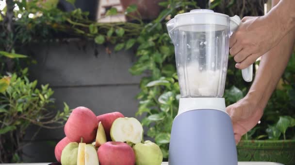 用电动搅拌机搅拌新鲜苹果和番石榴汁 — 图库视频影像