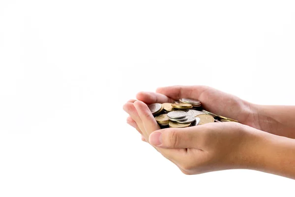 Mão Humana Segurando Monte Moedas Fundo Branco Uso Para Conceitos — Fotografia de Stock