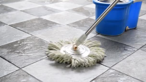 Lantai Ubin Bersih Dengan Pel Dan Produk Pembersih Lantai — Stok Video
