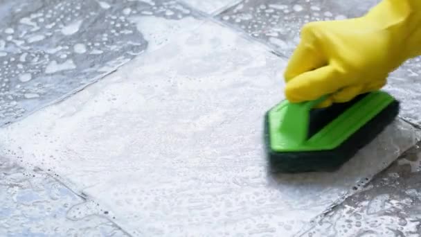 장갑을 사람들은 플라스틱 세척기를 사용하여 세척제로 바닥을 — 비디오