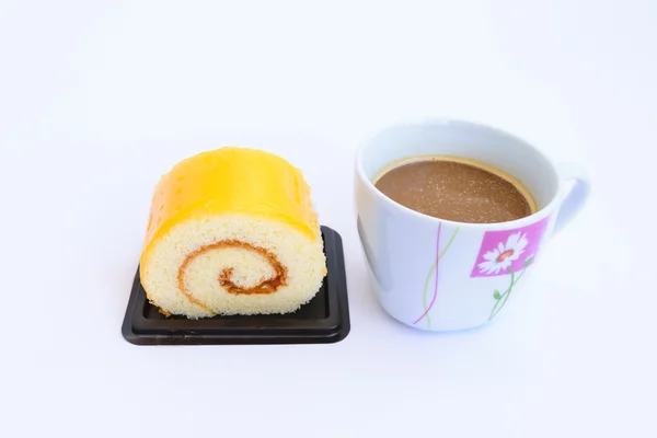 Cake chocolate and coffee on white background. — Stock Photo, Image