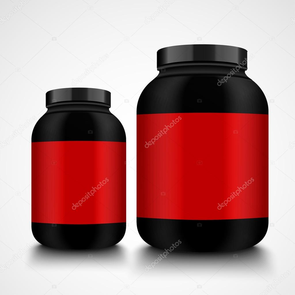 Black jars. Packaging Bottle mockup with red label