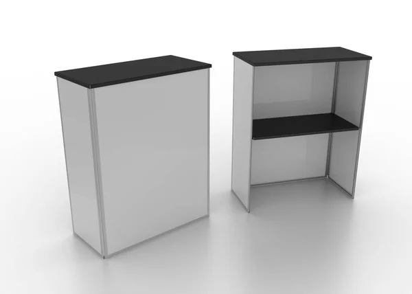 采购产品销售点桌子的背面和正面 柜台顶部 品牌桌子 一个3D渲染的带有铝框 黑钢顶部和Perspex侧板的投币台 具有白色背景的模型 透视视图 — 图库照片