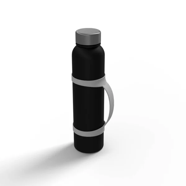 Beyaz arka plan ürün tasarımında izole edilmiş beyaz plastik silikon kabzalı bir matt siyah metal su şişesinin üç boyutlu çizimi