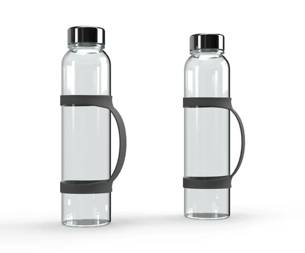 3Dイラストグレーシリコンハンドル付き現実的なガラス水ボトルは パッケージ フロントビューのためのイラストやモックアップのための金属リッド製品と白の背景に隔離されました — ストック写真