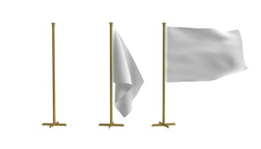3d Render Flag Pole and Base with Hanging Flag, Gold steel pole and Cloth Flag Series, 3D Rending for Mockup or 3D Illustrations - System izole edilmiş, Hanging Flag izole edilmiş, Waving Flag izole edilmiş