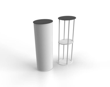 Satış Masası Oval Noktası Siyah ve Beyaz Mekanizması, POS, ABS 'nin İnşa Edilmiş İndirim Noktası İndirimli Masa Amaçlı, Beyaz Arkaplan ve Dökümlü Gölgeler.