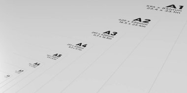 Uluslararası A serisi kağıt boyutu biçimleri A1 ile A7 arkaplan resmi arasında siyah harfli ve beyaz desenli 3 boyutlu kağıt arka plan pankartı.