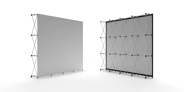 Ticari sergi standı, Wall Banner, 3D görselleştirme sergi ürünü ön ve arka sistem, reklam duvarı izole beyaz arkaplan dijital grafikler için.