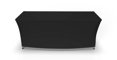 Siyah masa örtüsü kutusuna uygun dikişli sergi ayarlanabilir koşucu beyaz arka planda izole edildi. 3 boyutlu canlandırma. Ön Perspektif Görünümü.