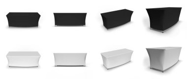 Masa örtüsü sergi reklamcısı, kumaş desenli ve dikişli masa örtüsü. 3B görüntüleme, Siyah ve Beyaz ayrı açılar