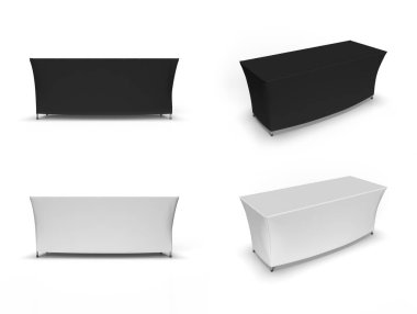 Ticaret fuarı masa örtüsü çalıştırıcı ayarlanabilir kumaş afiş veya masa örtüsü 3d ön ve perspektif görünümleri resimleme.