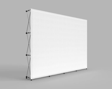 Duvar Sancağı Kumaş Sergi Standı, 3 boyutlu gerçekçi sergi duvarı görüntüsü. Model için gri arkaplanda beyaz kumaş derisi izole edildi