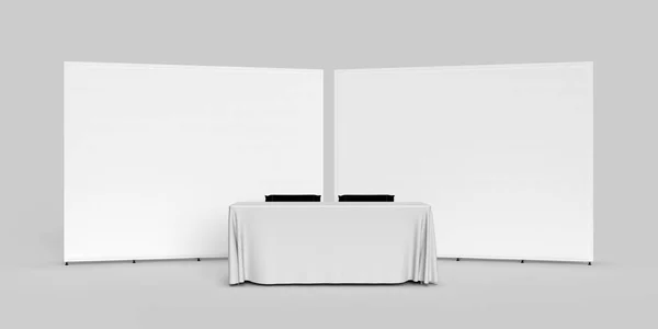 Exhibition Wall Banner Cloth Straight, Two Walls side by side with a table cloth and two directors chairs 3D Rendered Exhibition Displays Stand for mockup and illustrations