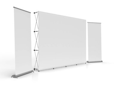 Her iki tarafında barfiks pankartı olan Wall Banner Kumaş Sergisi. Modeller ve çizimler için 3B Yapılandırılmış Resim Tarafı Perspektif Görünümü