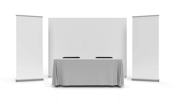 Sergi Wall Banner Cloth Sergisi 'nde iki pankart, bir masa örtüsü taşıyıcısı ve iki yönetmen koltuğu var. Model ve illüstrasyonlar için 3B Hazırlanmış Resim Öngörünümü