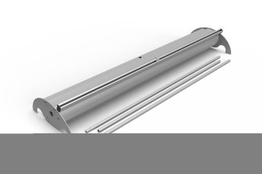 Beyaz arka planda izole edilmiş, 850x2000 standart boyutunda pankart sergisi pankartı aç. Alüminyum tabanlı beyaz arkaplanda izole edilmiş, 3D resimleme.