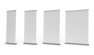 Beyaz arka planda izole edilmiş, 850x2000 standart boyutunda pankart sergisi pankartı aç. Alüminyum tabanlı beyaz arkaplanda izole edilmiş, 3D resimleme.