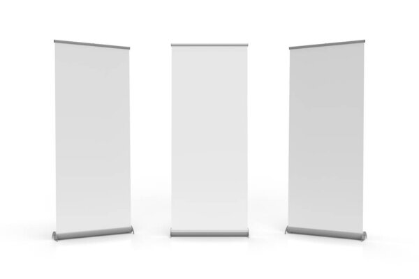 Roll up banner exhibition display pullup banner signage isolated on white background, 3 views, 850x2000 standard size. Isolated on white background with aluminum base, 3d render illustration.