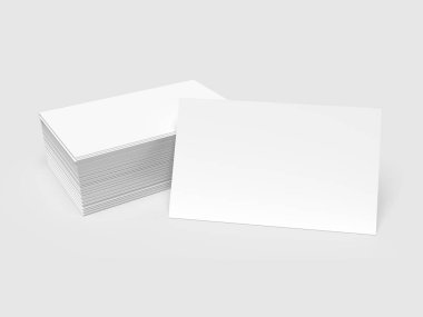 Beyaz Kartvizit Yığını, bir ön yüzü kartvizitli, beyaz arka planda izole edilmiş, 3D resimli.